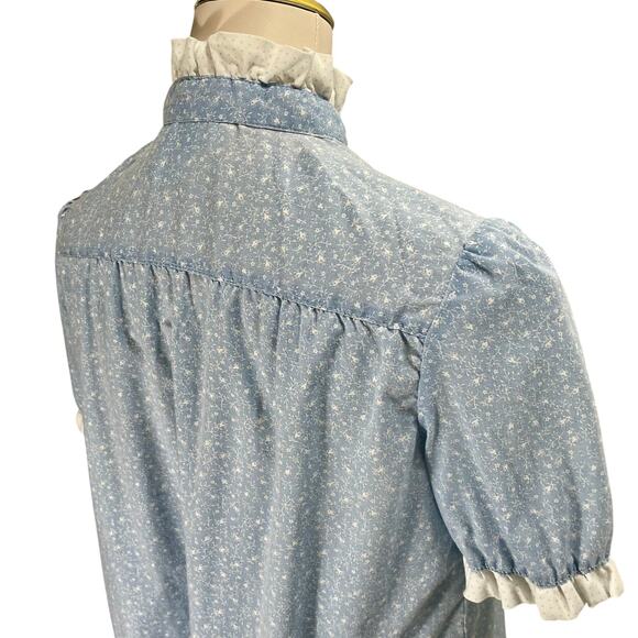 Vintage 80s Blue Top Best Times Floral Ruffle High Neck Smocked Blouse Medium - Picture 5 of 9